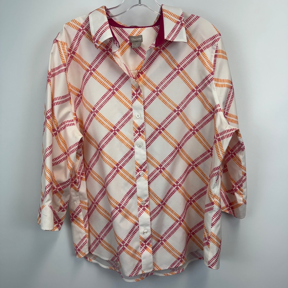 Chicos No-Iron Button Down Shirt Womens 3 XL Orange Pink Plaid 3/4 Sleeve Top
